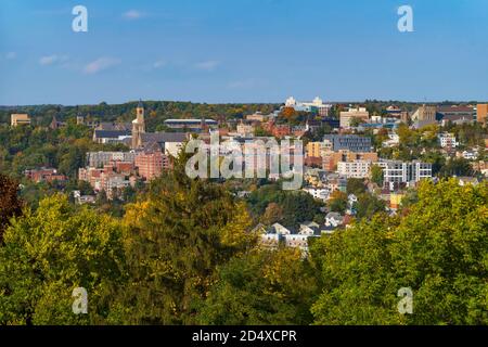 Cornell University, a private and statutory Ivy League research university in Ithaca, New York, photographed on a clear afternoon from a distance. Stock Photo