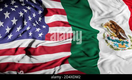 US - Mexico Combined Flag | United States and Mexico Relations Concept | American - Mexican Relationship Cover Background - Trade, Business, Alliance Stock Photo