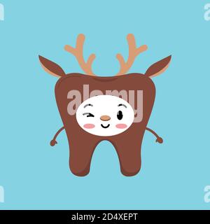 Cute Christmas tooth in deer costume with horns icon in flat cartoon style isolated on background. Stock Vector