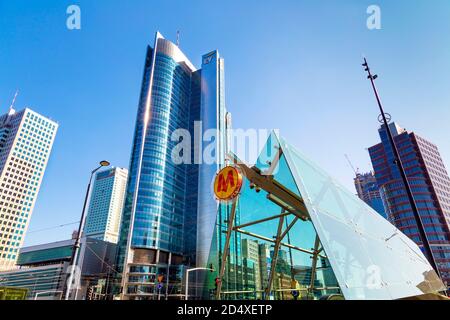 Warsaw skyscrapers and entance to Rondo ONZ metro station, Warsaw, Poland Stock Photo