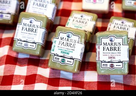 French soaps at a stall in Bremen Market, Germany Stock Photo