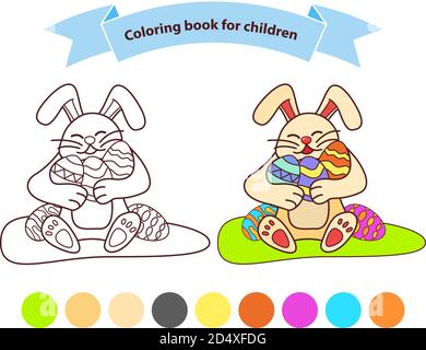 Bunny holding Easter eggs. Isolated on white background. Hare cartoon character. Stock Vector