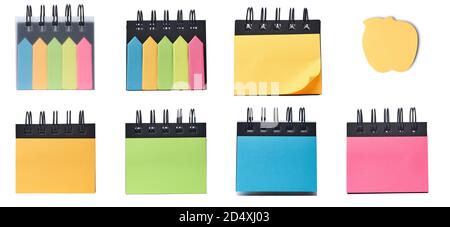 Multicolor memo notes and colorful sticky bookmarks, product isolated on white background. Set of different photos in one lot this batch. Stock Photo