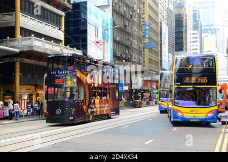 Double deck tram #169 on Des Voeux Road Central near Pottinger Street in Hong Kong Island, Hong Kong, China. Hong Kong Tramways have over 110 years hi Stock Photo