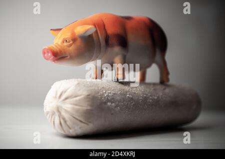 A plastic toy pig standing on a frozen pork sausage. Pig is vibrant and bright in contrast to the dull ice-covered sausage. Stock Photo