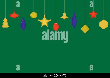 Christmas decorations in the form of balls, Christmas trees, bell, stars of red, blue and yellow colors on a green background. copy space Stock Vector