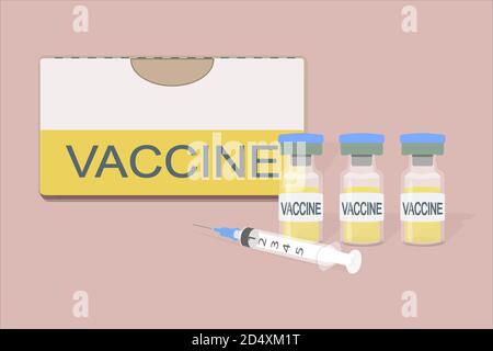 packaging of a medicine with the inscription vaccine and three vials for injections with a light yellow transparent liquid and the inscription vaccine Stock Vector