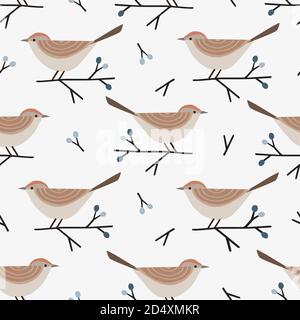 Christmas seamless pattern with cute little birds and blue blackthorn branches and berries. Cute Scandinavian winter design for scrapbooking, gift Stock Vector