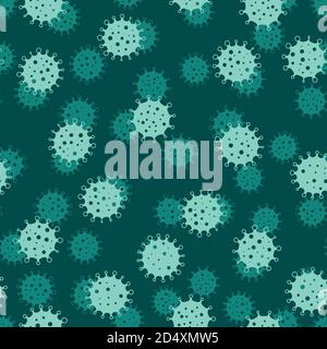 Coronavirus seamless background pattern. Green virus silhouettes. COVID-19 desease theme. Simple flat vector illustration Stock Vector