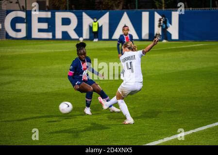 Marion Torrent of Montpellier Herault Sport Club reacts during the Women's  French championship D1 Arkema football match between Paris FC and  Montpellier HSC on June 5, 2021 at Robert Bobin stadium in