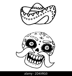 Skull and sombrero icon set on white isolated backdrop. Santa muerte for invitation or gift card, notebook, bath tile, scrapbook. Phone case or cloth Stock Vector