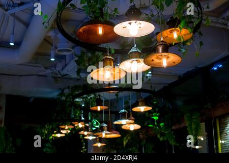 several round loft style suspended luminaires with edison lamps shine warm light in interior of dark eco friendly restaurant with green plants on ceil Stock Photo