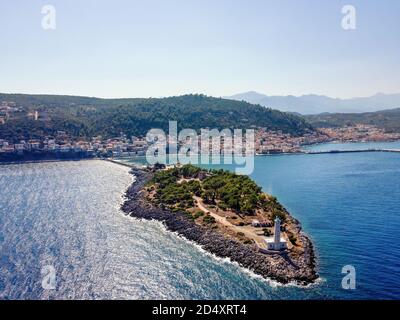 Aerial view of Cranae or Marathonisi island with Tzanetakis medieval tower Stock Photo