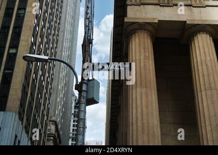 Road sign of New York Wall street corner Broad street Stock Photo