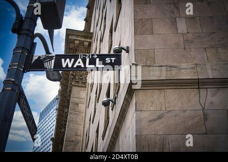 Road sign of New York Wall street corner Broad street Stock Photo