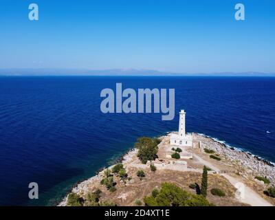 Aerial view of Cranae or Marathonisi lighthouse Stock Photo