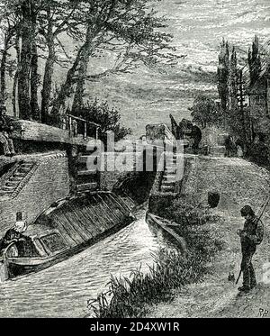 This illustration is titled On the Canal at Berkhampstead. The Grand Union Canal cuts through the heart of the town of Berkhampsted (also spelled Berkhampstead) in England. Francis Egerton, Duke of Bridgewater (the Canal Duke), father of the inland waterway system, lived in Ashridge, near Berkhamsted. The national monument to the canal system, which now stands in the middle of the Ashridge National Trust parkland, was built in his memory. The Grand Junction Canal from the Thames at Brentford to Berkhamsted was completed in 1798 and continued all the way to Birmingham in 1805. Stock Photo