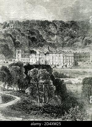 The illustration shows Chatsworth, the Palace of the Peak district in England. Chatsworth House is a stately home in Derbyshire, England, in the Derbyshire Dales 3.5 miles north-east of Bakewell and 9 miles west of Chesterfield. The seat of the Duke of Devonshire, it has been home to the Cavendish family since 1549. Chatsworth House has been labelled the 'Palace of the Peak' and features more than 30 rooms, a large library and a magnificent collection of paintings. It also boasts a 105-acre garden - a beautiful sight in summer - and a public park on the banks of the river Derwent. Stock Photo