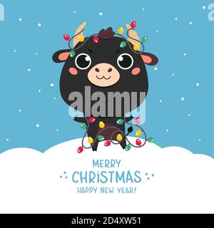 Cartoon Happy New Year 2021 Bull. Vector Of Cute Ox Santa. Merry