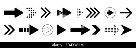 Arrows icon set. Black arrow on white backdrop. Motion icon for app, presentation or website. Simple pointer right direction. Vector Stock Vector