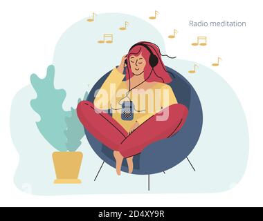 A girl with headphones sitting in a chair. Radio meditation. Vector illustration Stock Vector