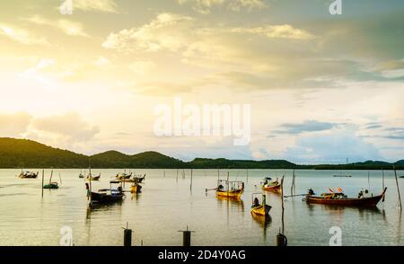 Thai long tail fishing boats at fishing village on Ko Yao Yai island in the Andaman Sea in Thailand Stock Photo