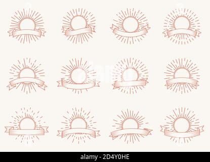 Set of radiant sun burst shapes banners. Design element vintage hipster style light rays frame for retro logo or emblem. Doodle of sunburst with space for text and ribbon Isolated vector illustration Stock Vector