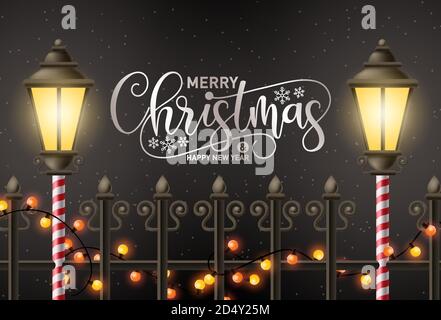 Merry christmas vector background design. Merry chirstmas greeting text in night snow background with xmas light elements for holiday season Stock Vector