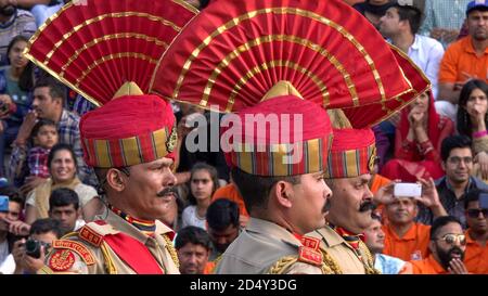 AMRITSAR, INDIA - MARCH 19, 2019: close up of three indian soldiers at the wagah border betwwen india and pakistan Stock Photo