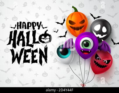 Happy halloween balloon vector banner design. Happy halloween text with colorful spooky character balloon elements like bat, pumpkin, ghost, devil. Stock Vector