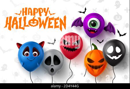 Halloween balloons vector background design. Happy halloween text with balloon elements with creepy faces like demon, devil, pumpkin, ghost and bat. Stock Vector