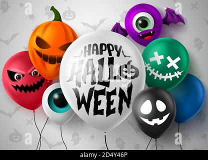 Halloween balloons vector concept design. Happy halloween text in white balloon with colorful scary face balloons element like pumpkin, ghost. Stock Vector
