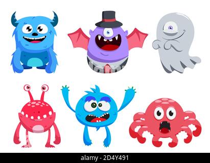 Halloween character vector set. Halloween horror characters like monster, octopus, bat and ghost isolated in white background for trick or treat. Stock Vector