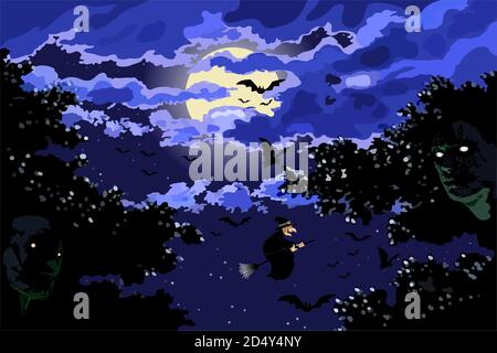 Halloween fullmoon, creepy night, witches, bats and haunted in trees. Stock Photo