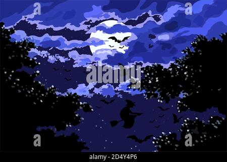 Witch and bats on the night of the full moon. The loneliness is frightening on the night of Helloween. Stock Photo