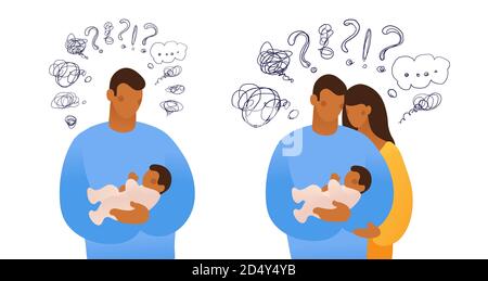 Set of isolated vector illustrations about issues of childbearing, upbringing and caring for a newborn, depression. A man hugs a child and thinks, cartoon design Stock Vector