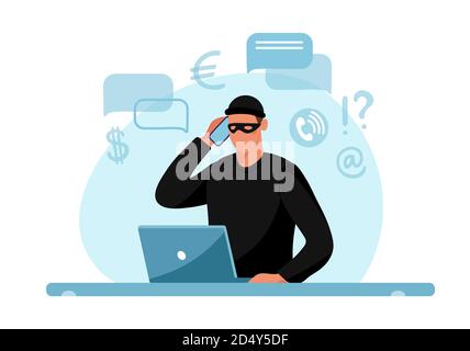 Internet phone crime. Conceptual illustration of online internet fraud, cybercrime, data hacking. Cartoon design isolated on white background. Flat vector illustration Stock Vector