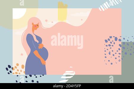 A poster with a pregnant woman. Modern collage on an abstract background. Bright conceptual flat illustration about motherhood and pregnancy. Website template, web page and landing page design with place for text. Cartoon stock vector Stock Vector