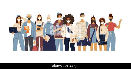 A crowd of standing people in medical masks. Male and female characters in modern clothes, flat design, cartoon style, students and teachers. Vector illustration Stock Vector