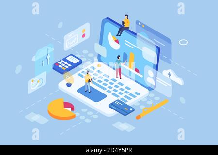 3d isometry of virtual laptop with workers Stock Vector