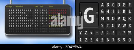 Vector airport board. Realistic flip airport scoreboard template. Black 3d airport timetable with departure or arrival. Analog airport board font on dark background. Destination airline board Stock Vector