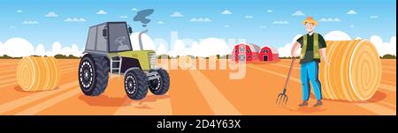 male farmer in uniform collecting hay tractor making straw bales on harvested wheat field eco farming agriculture concept horizontal full length vector illustration Stock Vector
