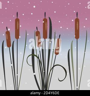 Winter Tree with few berries and Red Birds on a cold looking background with mountains and dark snowy sky. Season Nature. Snowy Natural Landscape. Vec Stock Vector