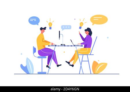 A guy and a girl are sitting at the table and talking to each other Stock Vector
