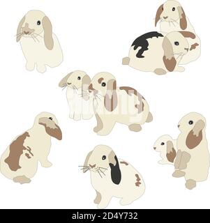 Set of cute funny bunnies. Cute hand drawn design. Bunny Set (one of three). Flat Vector Illustration Stock Vector