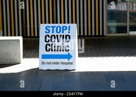 Perth, Australia - September 5th 2020: Fiona Stanley hospital main entrance with covid clinic sign Stock Photo