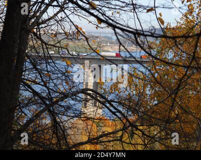 A large transport bridge over the river. Stock Photo