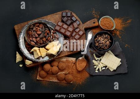 Delicious chocolate bars and pieces. Top view Stock Photo