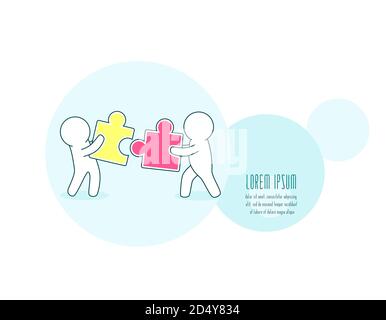 Teamwork, partnership and development concept. Horizontal banner with white simple puppets with puzzle. Two persons with jigsaw part. Little mans with Stock Vector
