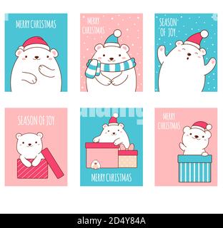 Set of vector Christmas gift tag, card, badge, sticker with cute polar bear. Vertical xmas template card for greeting, decoration, congratulation, inv Stock Vector
